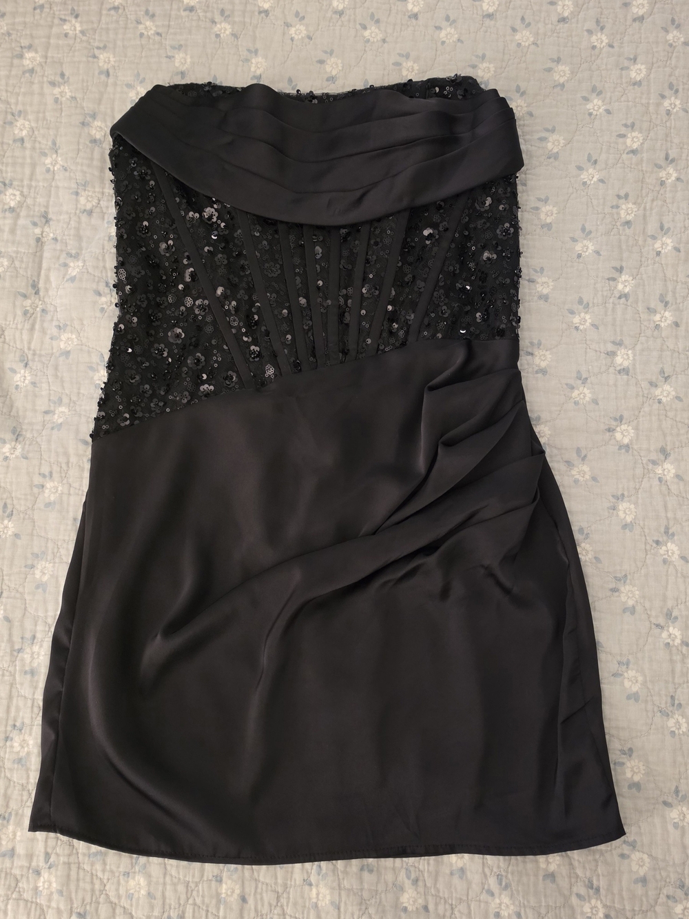 Strapless Black Sequin Satin Cocktail Dress
